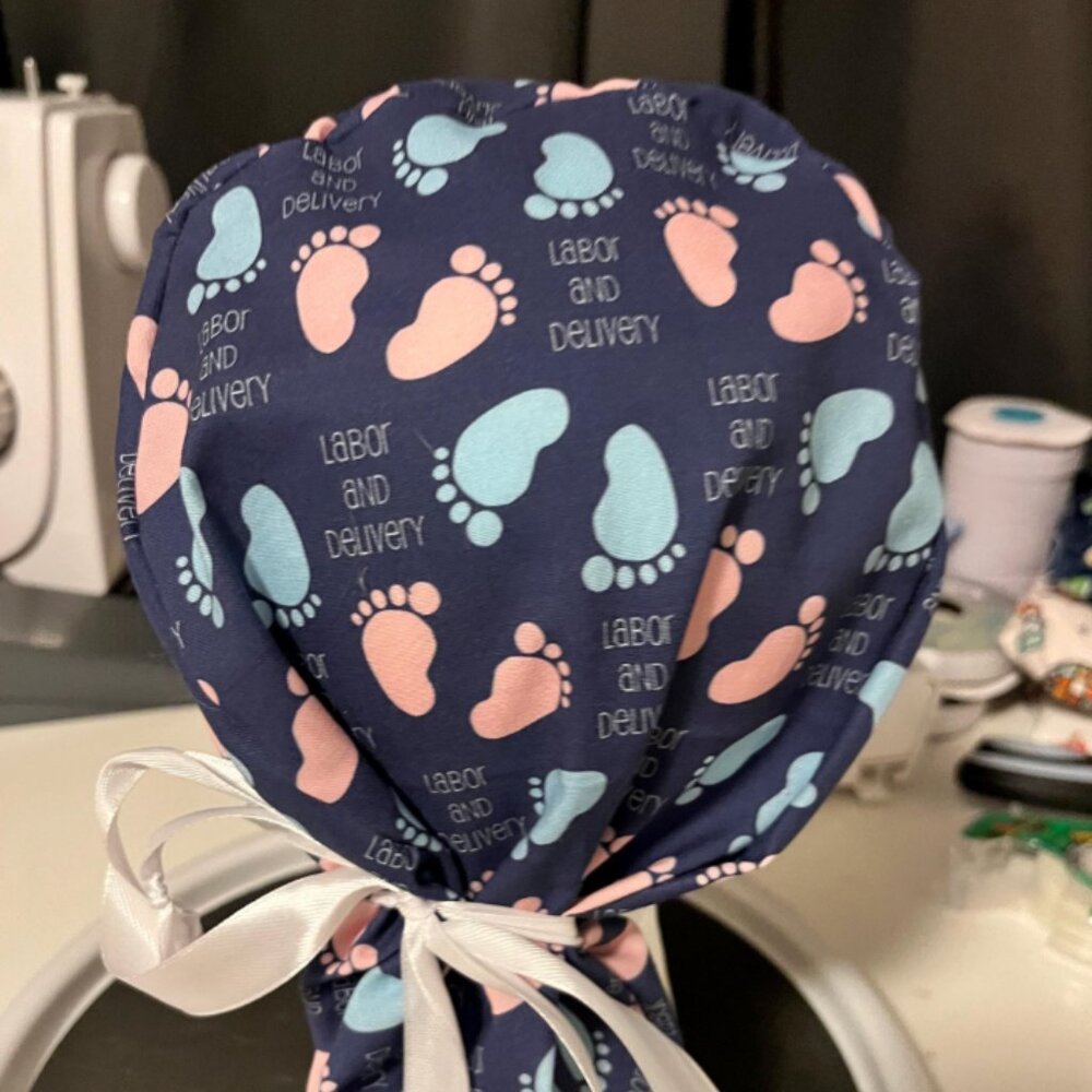Labor and Delivery Maternity Baby Footprint Print Euro Ponytail Scrub Cap
